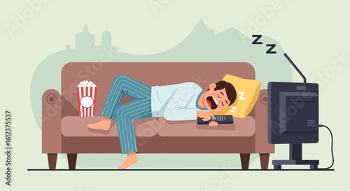 Man Falls Asleep on Sofa While Watching Tv Shows At Home