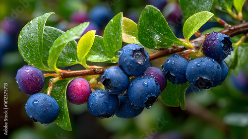 A vibrant blue huckleberry bush displaying clusters of ripening blueberries in a well-tended garden