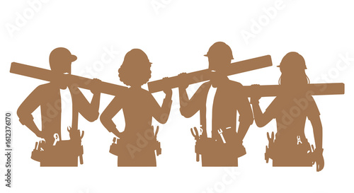 Vector illustration of vector art of a diverse construction team carries lumber on their shoulders