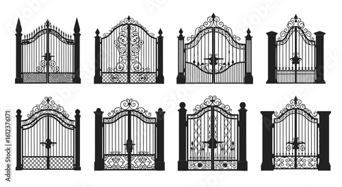 Vector illustration of vector art of a collection of ornate iron gates isolated on white background