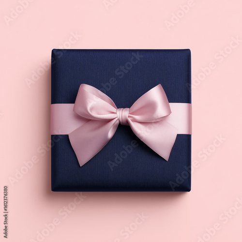 Navy Gift Box with Pink Ribbon and Bow Top View on Pink 