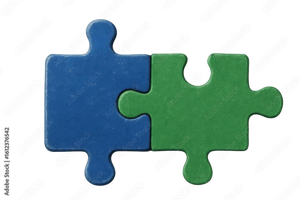 Fototapeta premium Blue and Green Puzzle Pieces Connecting on Transparent Background