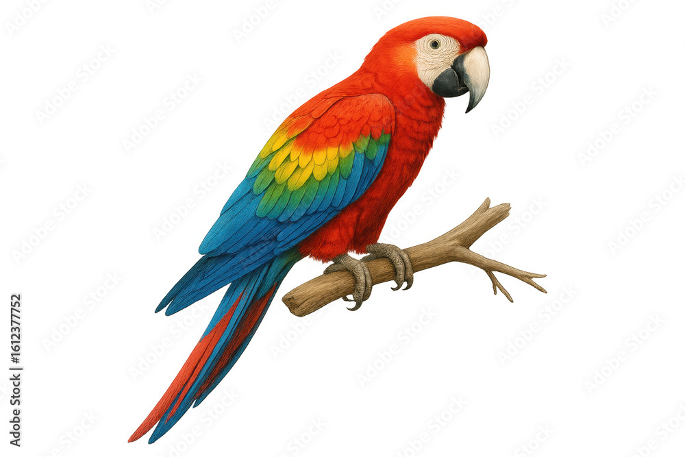 Fototapeta premium Scarlet macaw perching on a branch with transparent background