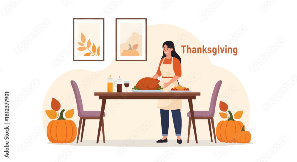 Fototapeta premium Preparing Traditional Roasted Turkey Dinner For Thanksgiving Day Celebration