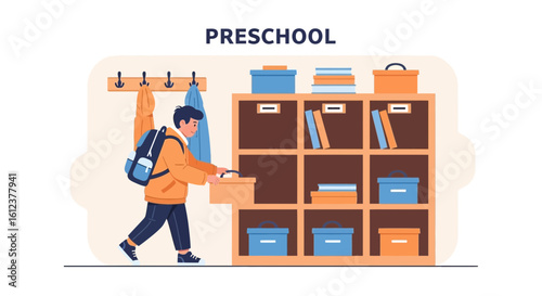 Preschool student putting away belongings in cubby, illustration showing kindergarten scene for early education materials
