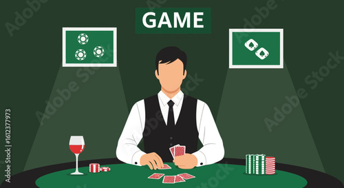 Professional Gambler Playing Cards On Casino Table In Green Background