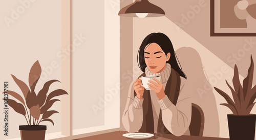 Woman Enjoying Warm Beverage Cozy Indoors During A Relaxing Morning Moment