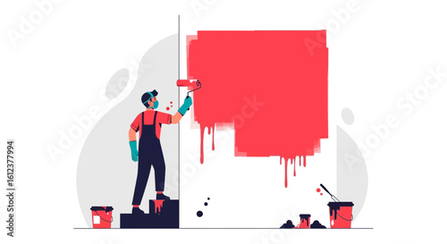Professional Painter Spreading Vibrant Color on the Wall With Red Paint