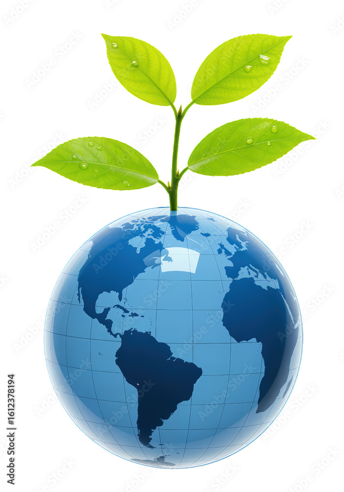 Front view of a 3D Earth globe with a seedling sprouting from the top, symbolizing ecology and the environment,PNG with transparent background Front view of a 3D Earth globe with a seedling sprouting from the top, symbolizing ecology and the environment,PNG with transparent background