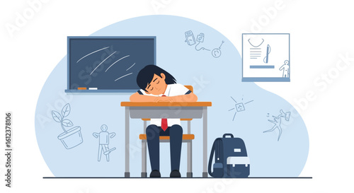 Student Sleeping On School Desk During Class, Representing Exhaustion From Learning
