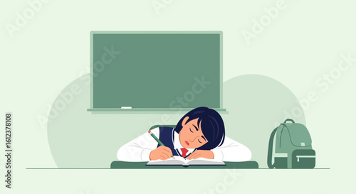 Student Sleeping on Desk Tired After Class in Front of Blackboard Backdrop