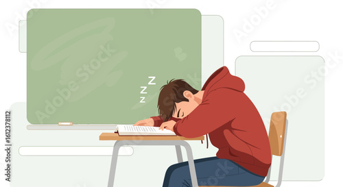 Student Sleeping At Desk During Class In Cartoon Illustration Style