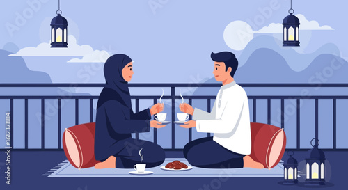 Ramadan Evening Scene with Husband and Wife Drinking Tea on Balcony
