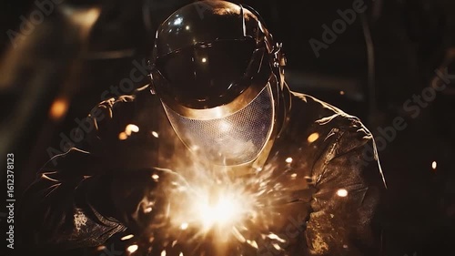 Welder at work with industrial setting.