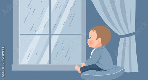 Rainy Day Reflections Adorable Little Baby Gazing Out Window Watching Rain