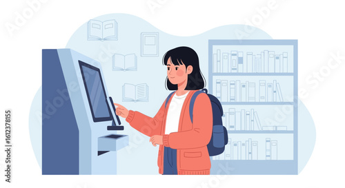 Student Using Self Checkout Station In Modern Library To Borrow Books