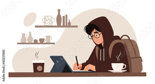 Student working on a tablet with coffee and backpack in cozy home setting