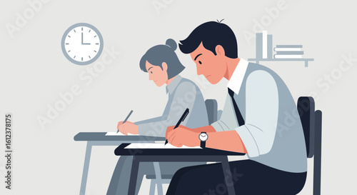 Students focused on completing an exam in a classroom setting with clock and books