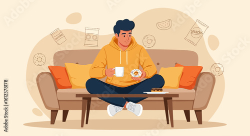 Relaxed Guy Enjoying Coffee and Donuts on The Couch in Living Room