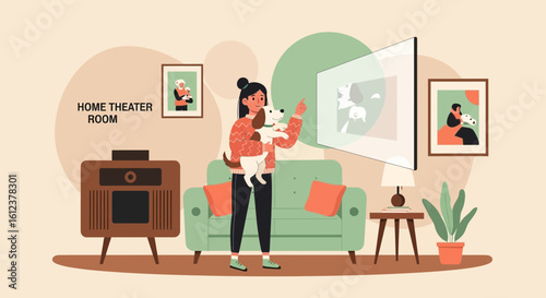 Woman Holding Puppy In Front Of A Large Flat Screen In The Home Theater