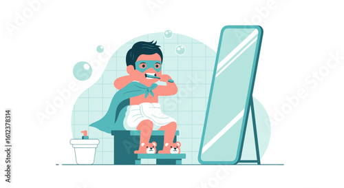 Super Kid Brushing His Teeth In The Bathroom Daily Healthcare Routine