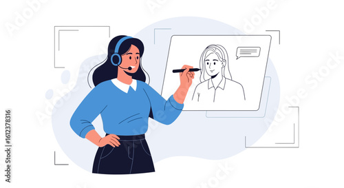 Woman In Customer Service Drawing Portrait During A Video Call Or Conference