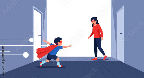 Superhero Adventures Boy Plays With Mother Wearing Cape and Mask in Hallway