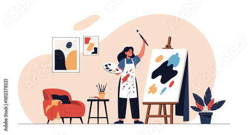 Woman In Her Studio Painting On An Easel Abstract Shapes Drawing