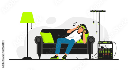 Relaxing At Home Listening Music With Headphones In Modern Interior