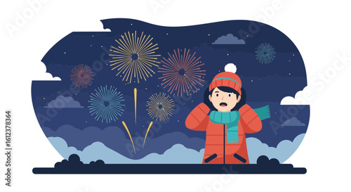 Surprised Girl Watching Vibrant Fireworks Display On New Years Eve