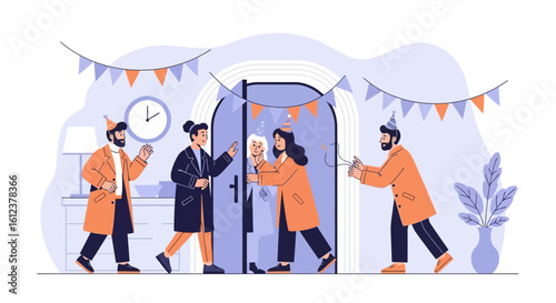 Surprise Celebration Welcoming Grandmother Into Festive Decorated Room Illustration