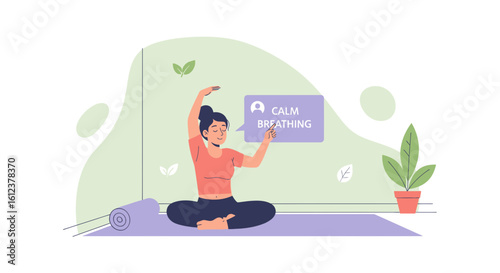 Woman In Lotus Position Doing Calm Breathing Exercise Using Mobile Application