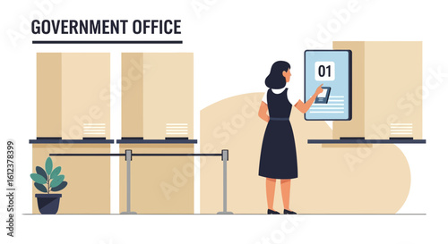 Woman Interacting With Digital Kiosk In Modern Government Service Office