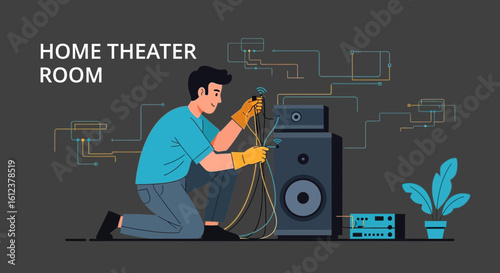 Technician Connects Audio Cables For Home Theater Entertainment System