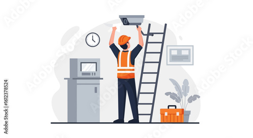 Technician Installing Security Camera System For Surveillance Inside Building