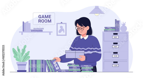 Woman Organizing Board Games In Game Room With Shelves And Lamp