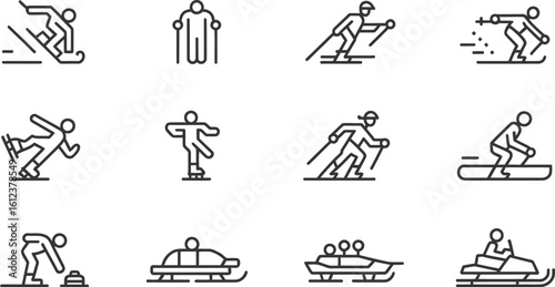 Line Art of Winter Sports Icons, Featuring Snowboarding, Skiing