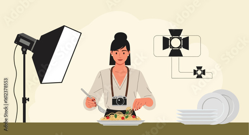 Woman Photographs Spaghetti Food Photography Styling With Studio Lighting Equipment
