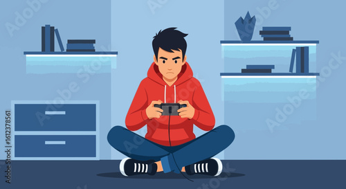 Teenage boy immersed in mobile gaming at home in a relaxed, digital lifestyle