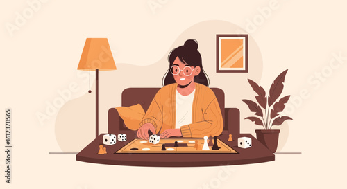 Woman Playing Board Game With Dice On The Table In Her Living Room