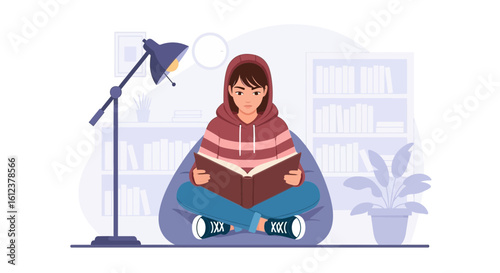 Teenage Girl Reading a Book in a Cozy Room with a Lamp Illustration