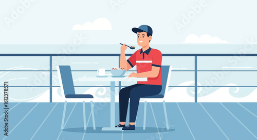 Relaxing Morning Meal Young Man Enjoying Breakfast With Ocean View Outside