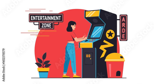 Woman playing retro arcade game at entertainment zone for leisure activity