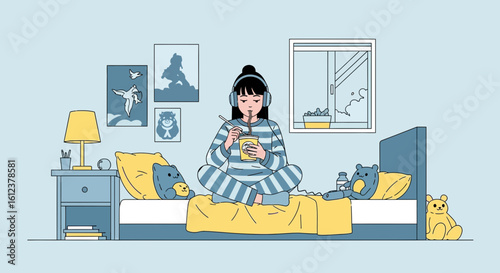 Relaxing Morning Routine A Young Woman Enjoys Coffee and Music in Her Bedroom