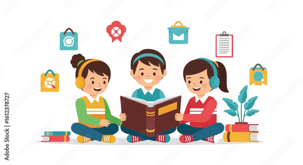 Three Happy Children Learning Together With Book And Listening To Headphones Three Happy Children Learning Together With Book And Listening To Headphones