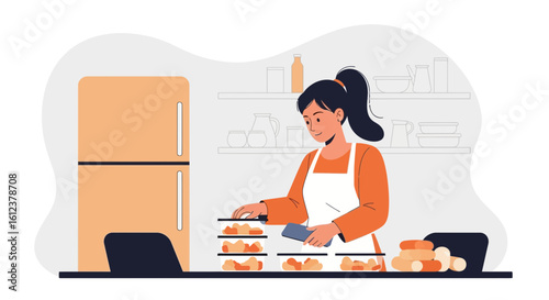 Woman Prepares Meal Prep Containers in Kitchen with Fridge and Laptop