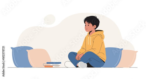 Thoughtful Young Student Studying At Home Sitting On Pillows With Books