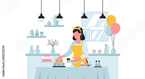 Woman Preparing Delicious Cupcakes In Bakery Store For Celebrating Party