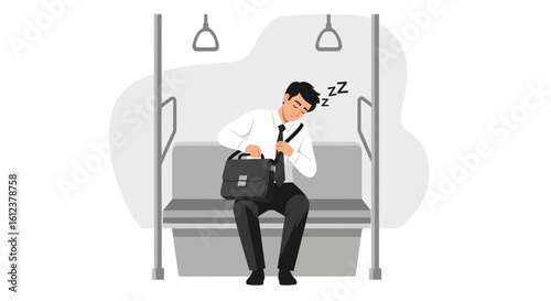 Tired businessman taking a nap during a train ride after a long day at work in vector illustration format