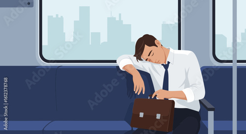 Tired Businessman Taking a Nap on the Commute After Hard Working Day